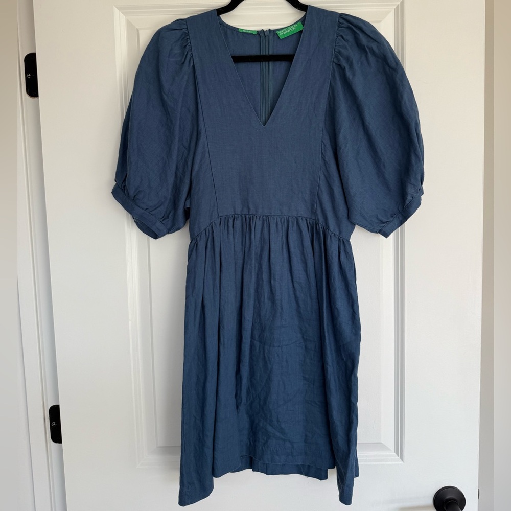 United Colors of Benetton 100% Linen Puff Sleeve Dress in Blue size Small